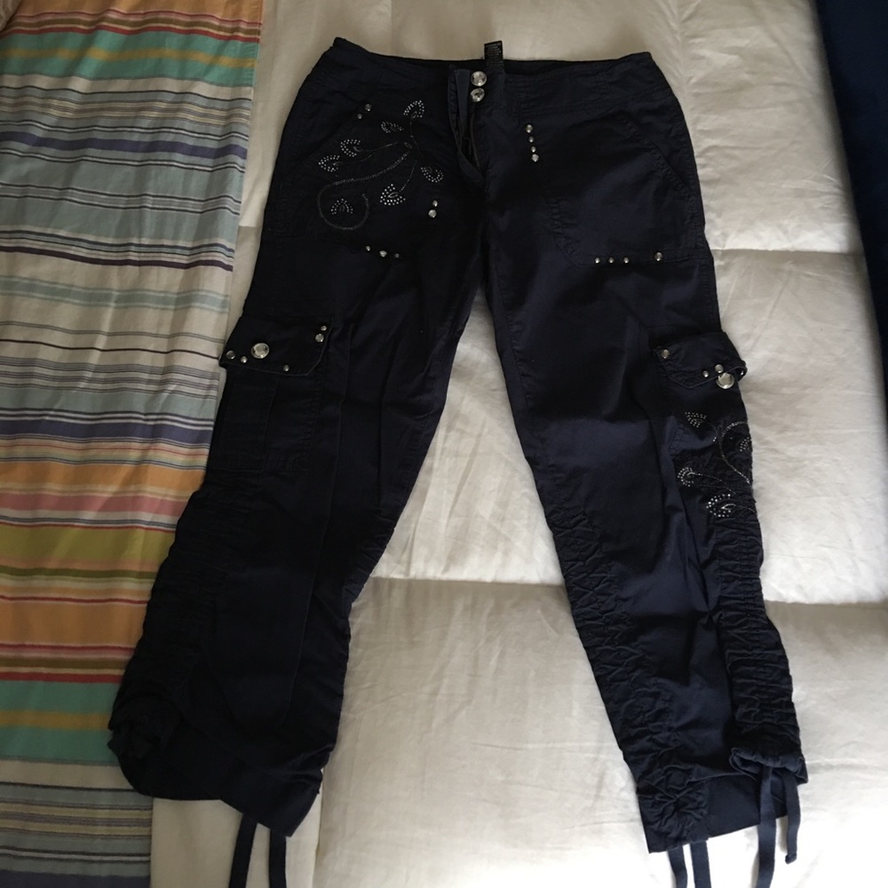 Navy blue embellished cargo capris
